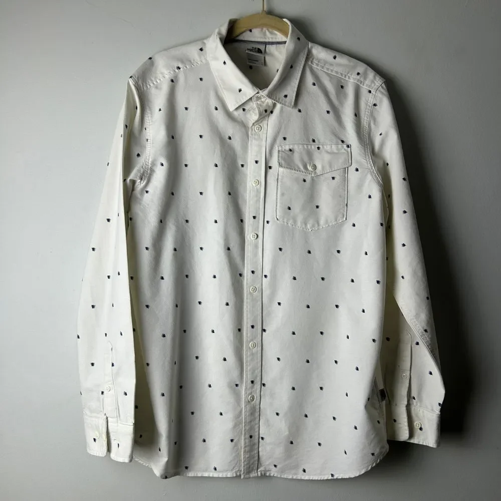 The North Face Men's White Tree‎ Print Cotton Long Sleeve Button-Up Shirt Large